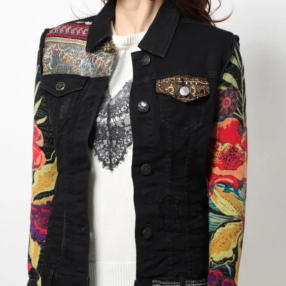 Desigual Claudia Patchwork Denim Jacket | Embroidered Boho Floral Size 34 XS - Picture 3 of 16
